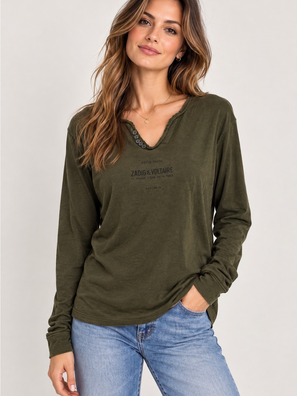 Zadig & Voltaire Monastir Washed Linen Cotton Long Sleeve Top Olive Size S NWT